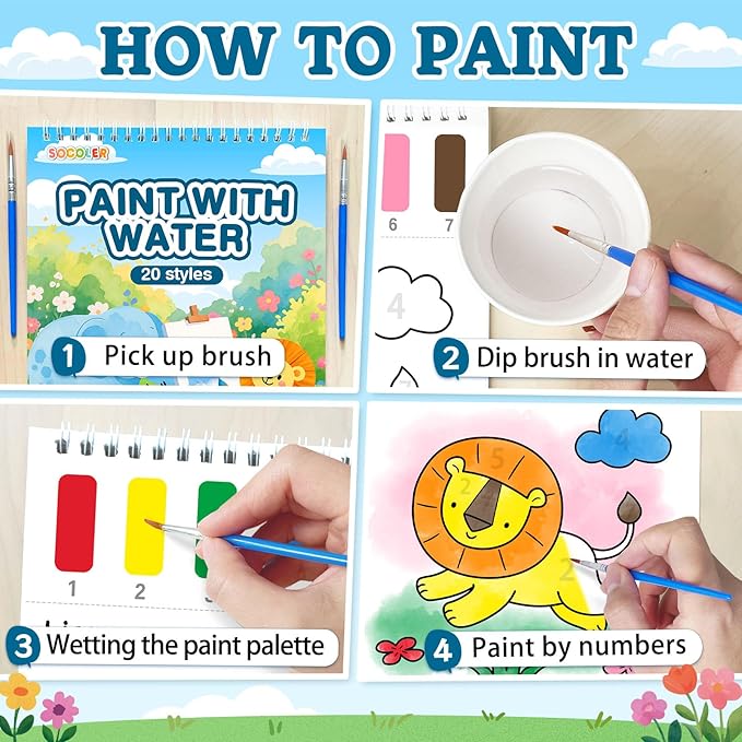 SOCOLER Paint with Water Coloring Books for Toddlers,Animal Theme Mess Free Watercolor Painting Papers for Kids Water Color Paint Kit Art Craft Gift for Ages 1-3, 4-8