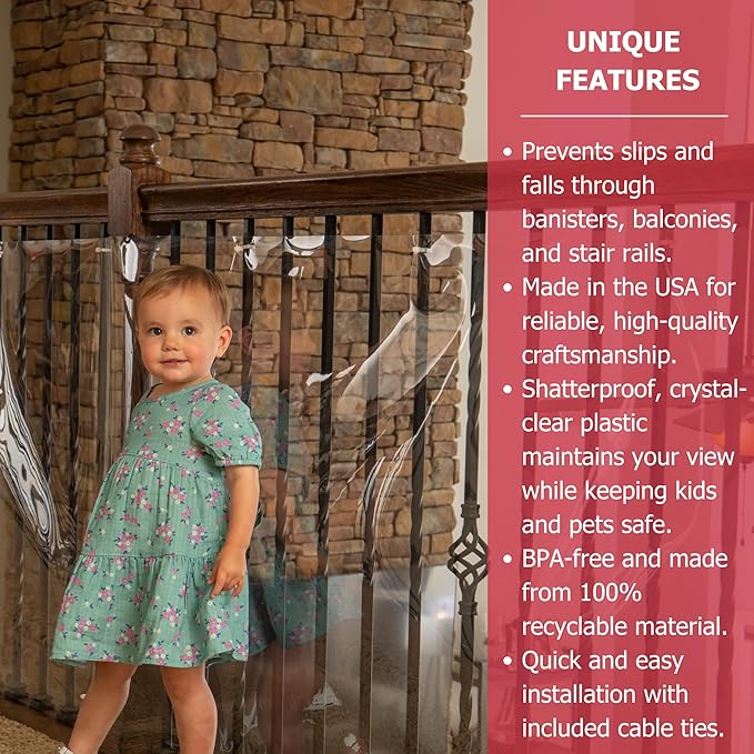 Cardinal Gates KS15 Banister Shield Protector - Clear Indoor Banister Guard for Babies - Shatterproof Plastic Banister Guard for Pets - Made in The USA - 15 Feet Roll