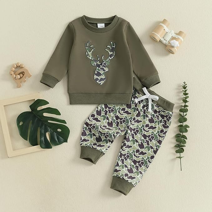 Muineobuka Toddler Baby Boy Hunting Clothes Reindeer Embroidery Sweatshirt and Camouflage Pants Outfits Baby Camo Clothing