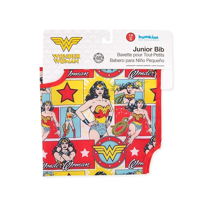 Bumkins Short Sleeve Bib for Girl or Boy, Toddler and Kids for 1-3 Years, Large Size, Essential Must Have for Junior Children, Eating, Mess Saving Soft Fabric Apron for Play, Wonder Woman DC Comics