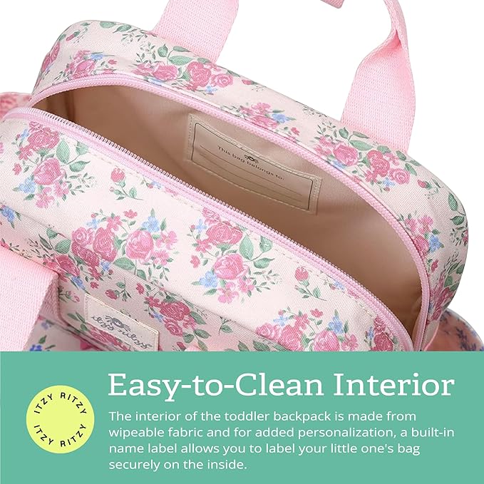 Itzy Ritzy Toddler Backpack - Daycare Bag - Features Adjustable Shoulder Straps, 2 Side Pockets & Spacious Interior with Wipeable Fabric Lining & Name Label, Ribbons & Roses Backpack