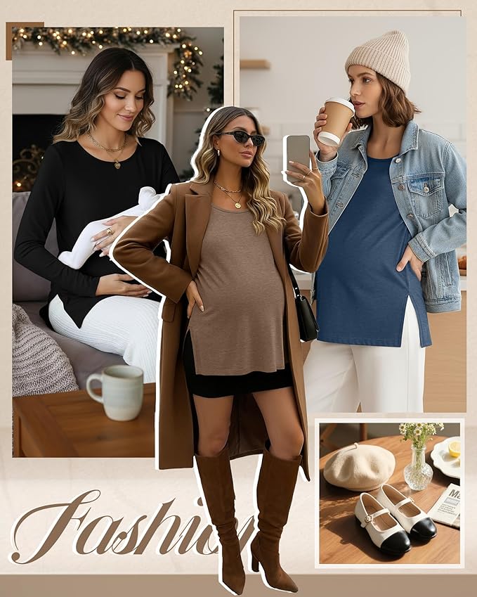 Riyiper 3 Pack Women's Maternity Long Sleeve T-Shirts Round Neck Side Split Tops Loose Casual Pregnancy Mama Clothes Fall