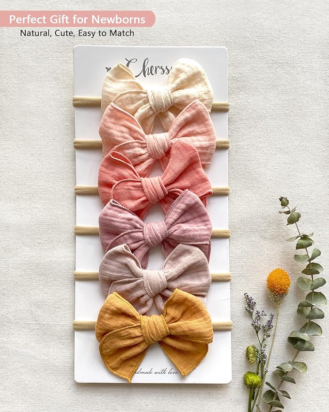 Cherssy Baby Girl Muslin Headbands, 3.5" Cotton Hair Bows Nylon Hairbands for Newborns, Infants, Toddlers - 6pcs