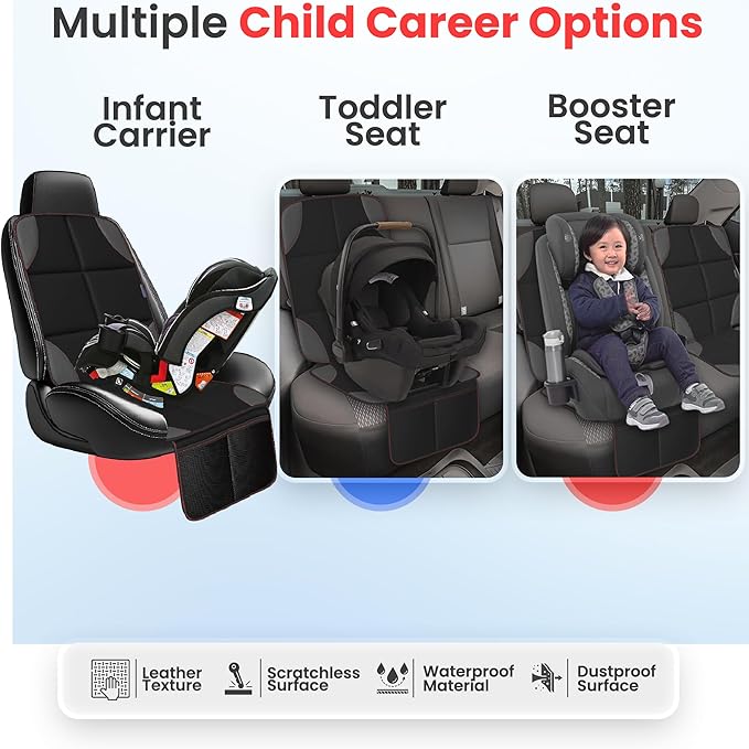 Car Seat Protector for Child Car Seat/Pets,Waterproof Non-Slip 600D Polyester Seat Protector Under Baby Seat, Car Seat Cover with Storage Pockets–Durable Easy to Clean-Universal Size
