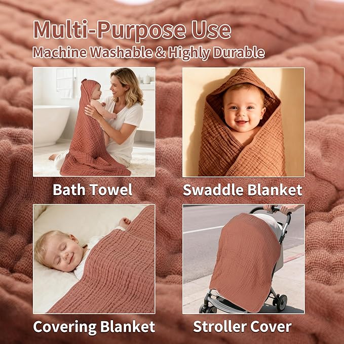 Newborn Hooded Towels 2-Pack, 100% Cotton Plain Weave Muslin Baby Bath Towels, Soft & Absorbent, 32x32 Inches (Sand Red + Emerald Green)