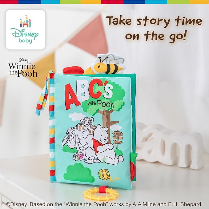 Kids Preferred Disney Baby Winnie The Pooh Deluxe Soft Book Abc's with Pooh On-The-Go Sensory Books for Babies with Crinkle Pages and BPA Free Teether
