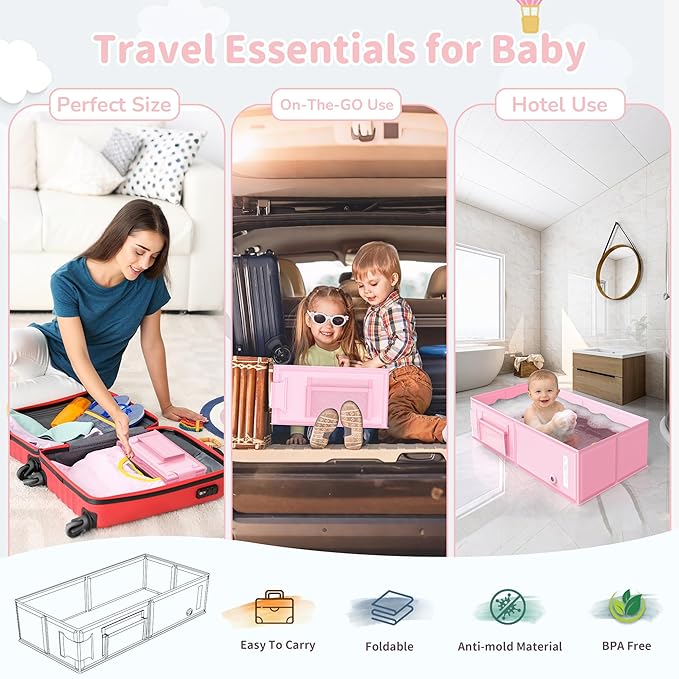 Baby Bathtub, Portable Bathtub with Cat-Patterned Bath Rinse Cup,Foldable Bath Tub for Small Bathroom,Toddler Tub for 6M-5Y,Baby Travel Essentials for Hotel,Camping & Beach
