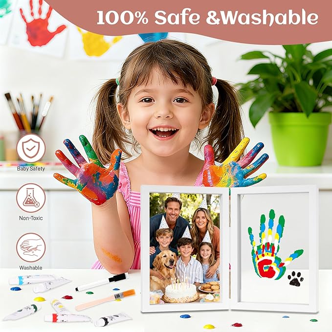 Family Handprint Kit, DIY Baby Hand and Footprint Handmade Keepsake Wooden Frame, Family Gifts with 6 Non-Toxic Baby-Safe Paint, Ideas Gift for New Parents, Grandparents, Father's Day, Mother's Day
