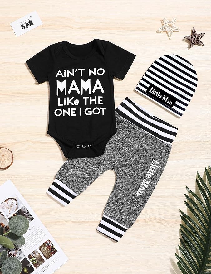 Fommy Newborn Baby Boy Clothes New to The Crew Letter Print Romper+ Pants+Hat 3PCS Outfit