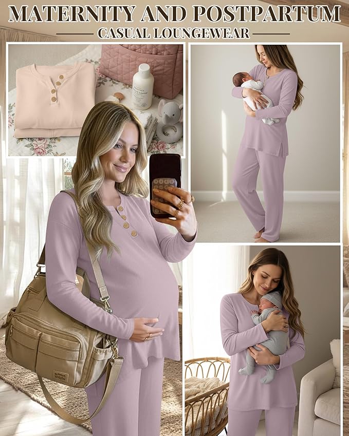 2 Piece Thermal Maternity Lounge Set Postpartum Pregnancy Fleece Loungewear Long Sleeve Top and Wide Leg Pant