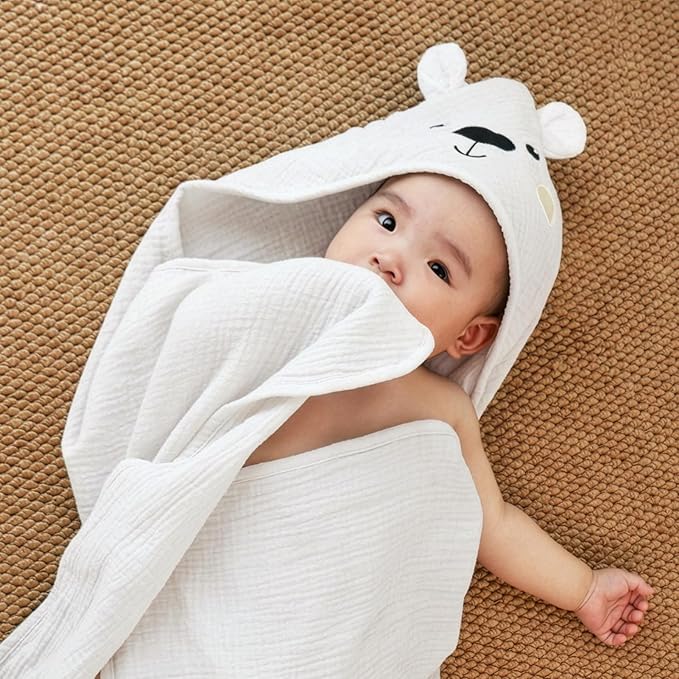 FIOBEE Hooded Baby Towels 100% Muslin Baby Bath Towels for Newborn with Animal Design Ultra-Soft and Absorbent Bath Essentials for Toddler, Unisex Girls Boys 30 x 30 inch, White Bear