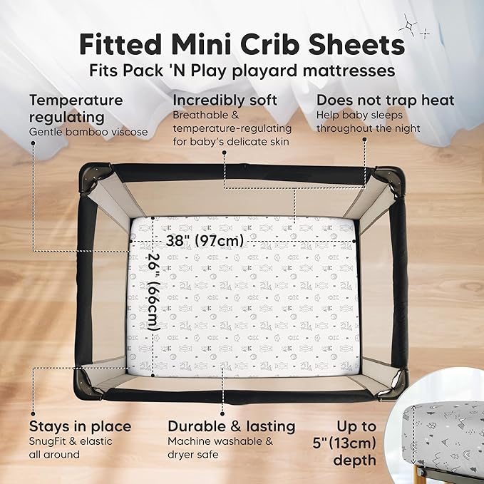 Pack and Play Sheets Fitted - 2-Pack Mini Crib Sheets for Pack N Play Mattress 38x26, Soft & Cozy, Neutral Toddler Playard Bedding, Snug Fitted Mini Baby Crib Mattress Cover Boy, Girl (Woodland)