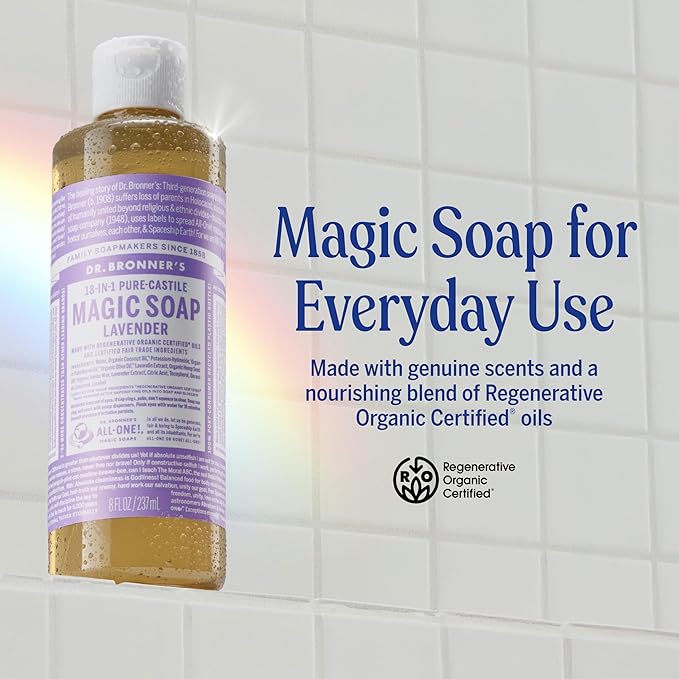 Dr. Bronner's Magic Soap-Pure-Castile Liquid Soap (Lavender, 8 ounce)-Regenerative Organic Certified Oils, 18-in-1 Uses: Body, Hair, Laundry, Pets & Dishes, Concentrated, Vegan, Non-GMO