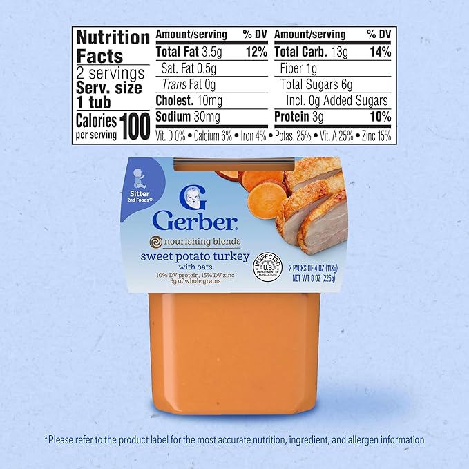 Gerber Stage 2 Baby Food, Sweet Potato Turkey with Oats Puree Tub, Nourishing Blends, No Added Colors or Flavors, Baby Puree, 2-Pack