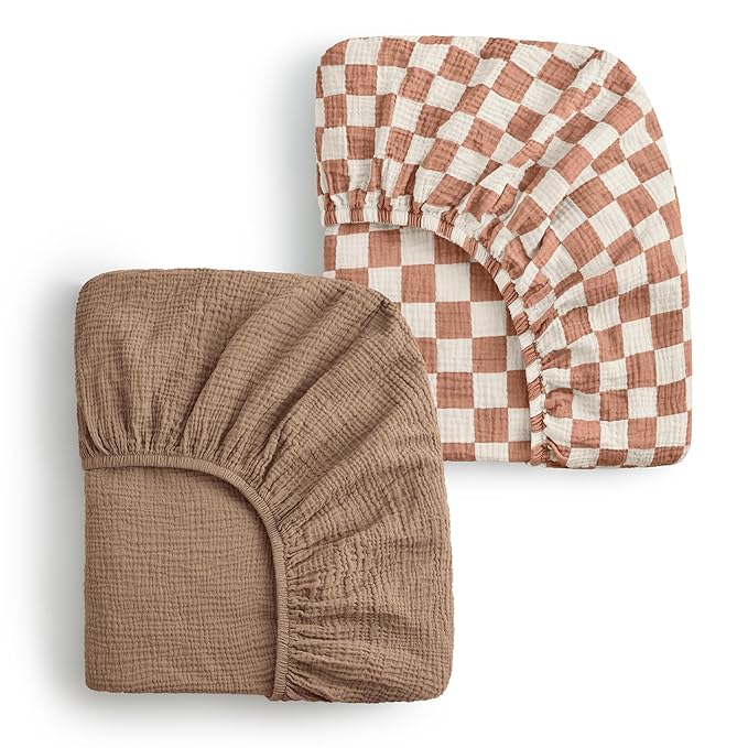Blissful Diary Muslin Crib Sheets for Girl Boy, Boho Neutral Soft Cotton Baby Sheet for 52''x28'' Standard Crib Mattress, 2 Pack(Brown Checkboard & Brown)