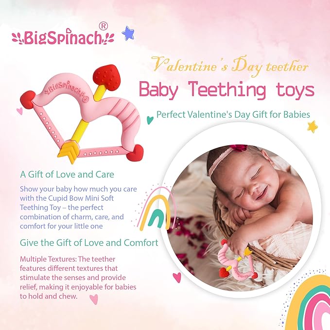 Teethers Heart Shape Silicone Baby Teether Toy Easy for Little Hands to Hold,Cupid Bow and Arrow Soft Teething Toy for Infants,Valentine's Gift for Girl or Boy (Pink)
