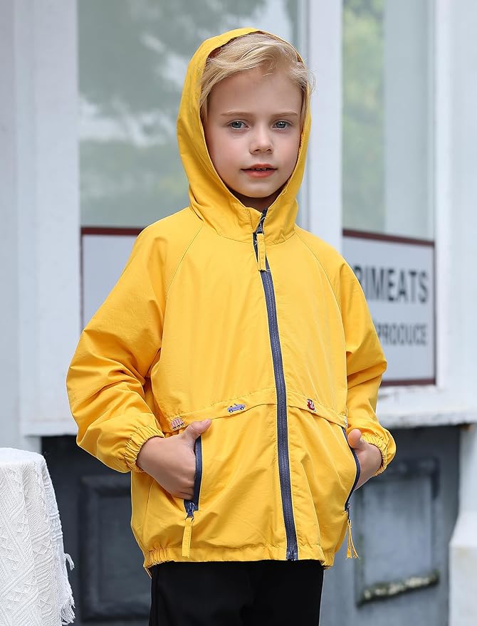 FYMNSI Kids Boys Lightweight Waterproof Hooded Jacket with Pockets Toddler Spring Fall Outfits Zip Up Thin Outwear Coats