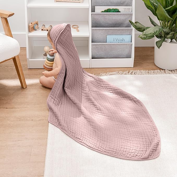 Comfy Cubs Hooded Baby Towel 2-Pack, Large 32 x 32 Inch - 6 Layer 100% Muslin Cotton for Babies, Toddlers, Kids - Soft & Absorbent Baby Bath Towels - Unisex Design for Bath Time, Mauve and Blush