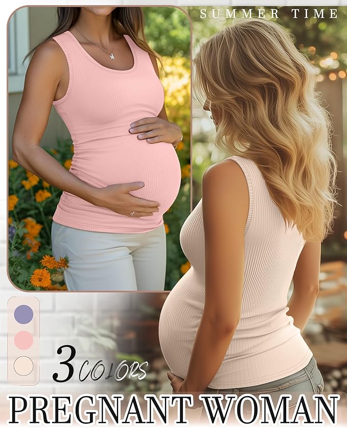 Riyiper 3 Pack Women's Maternity Tank Tops, Sleeveless Cotton Pregnancy Shirts Ribbed Knit Sides Ruched Basic Mama Clothes