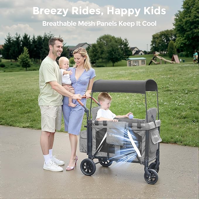 Elite 2 Seater Wagon Stroller for Kids, Foldable Stroller Wagon with Removable Seats & Canopy, 5-Point Safety Harness, Adjustable Handle, Light Grey