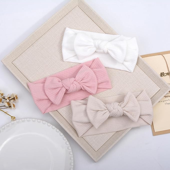 Handmade Baby Headbands Soft Stretchy Nylon Hair Bands with Bows for Newborn Infant Baby Toddler Girls- Pack of 3 (Set-B, 3 Count (Pack of 1))