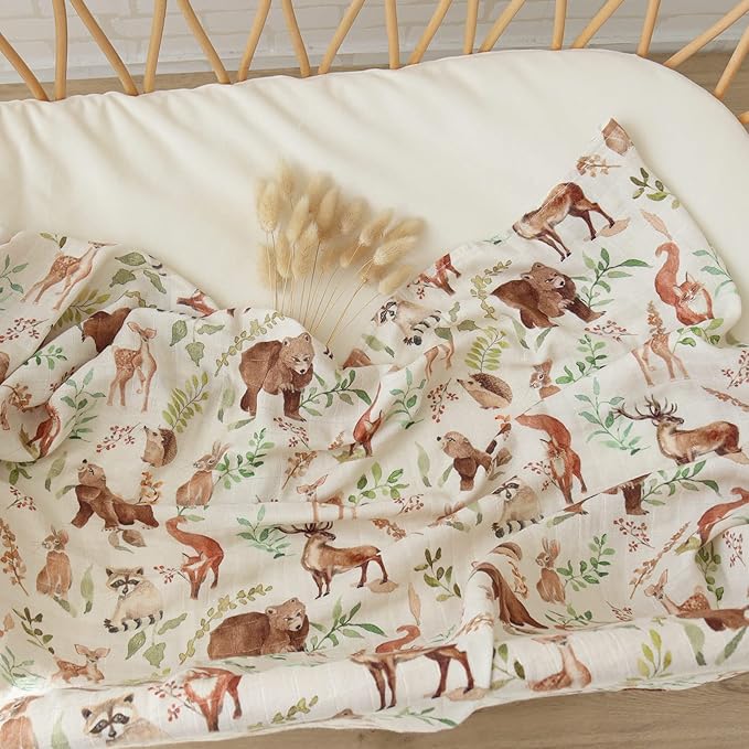 LifeTree Muslin Swaddle Blankets, Woodland Baby Swaddling Wrap Nursery Receiving Blanket for Boys & Girls Unisex, Soft 70% Viscose from Bamboo and 30% Cotton, Large 47 x 47 inches