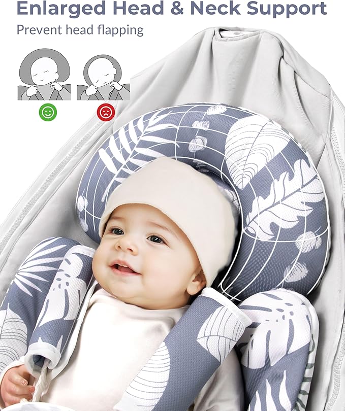 Newborn Car Seat Insert, Head and Body Support, Reversible Infant Insert Compatible with Baby Carseat, Stroller, Mamaroo Swing, Rocker, Bouncer. Baby Car Seat Cushion - Blue Leaf.