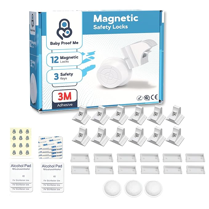 Pack of 12 Magnetic Cabinet Locks for Child Safety with 3 Keys, 3M Adhesive Easy Installation, Baby Proofing Magnetic Locks for Cabinets and Drawers(12 Locks + 3 Keys)