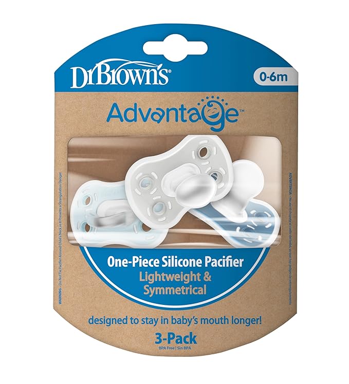 Dr. Brown's Advantage One-Piece Silicone Baby Pacifier, Fully Symmetrical Soother, Blue/Light Blue/Gray, 0-6m, BPA Free, 3 Pack