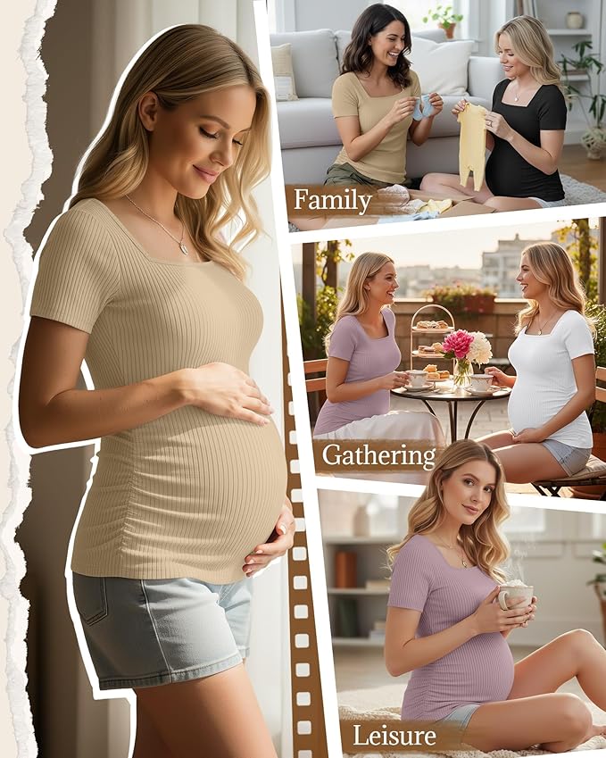 Huukeay 4 Pack Women's Maternity Shirts Cotton Ribbed Short Sleeve Square Neck Pregnancy Tops Side Ruched Summer Tee