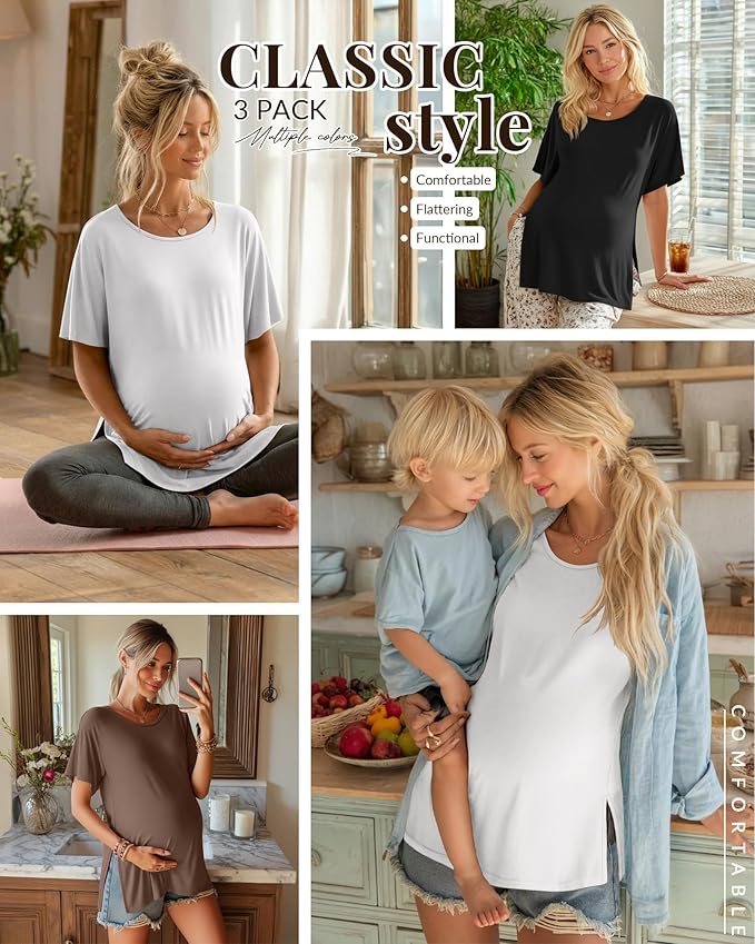 Riyiper 3 Pack Women's Maternity Tunic Shirts Cotton Summer Pregnancy Clothes Loose Oversized Split Side Blouse Tops