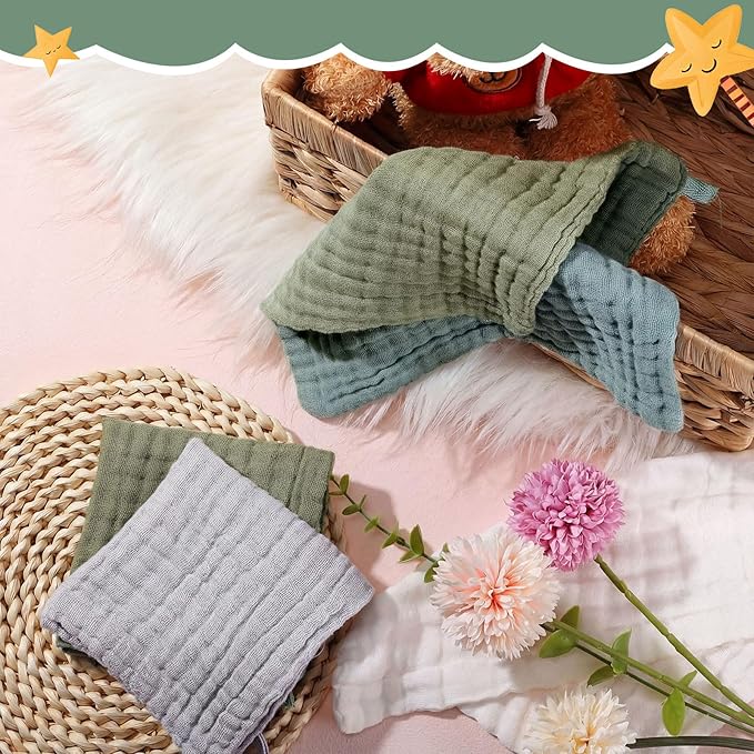 8 Pcs Baby Washcloths for Newborn 12 x 12 Inch Muslin Face Towels Cotton Absorbent for Delicate Skin Soft Muslin Cloth Reusable Baby Registry as Shower Gift, 4 Colors(Green Color)