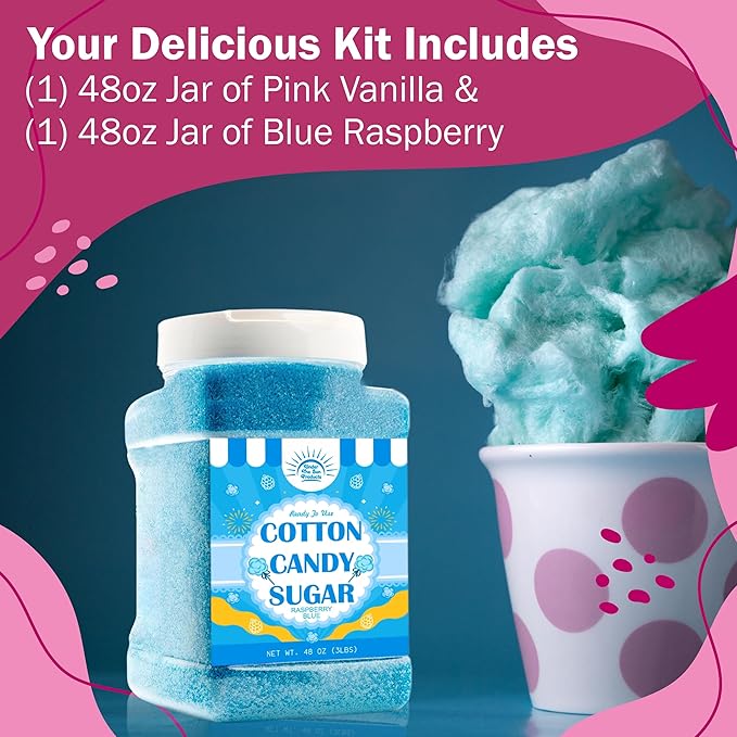Cotton Candy Floss Sugar Package of 2ct-(Pink Vanilla and Blue Raspberry)-3lb Each Flavor- (2ct-3lb Jars)