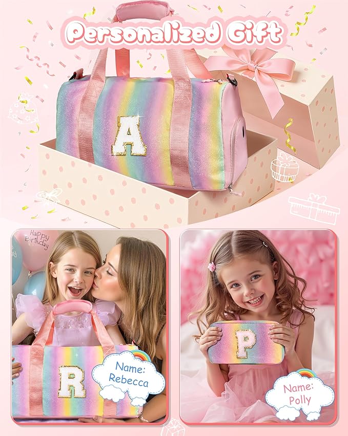 Birthday Gift for Daughter-Girl Gym Bag with Shoe Compartment, Kid Weekender Dance Bags, Initial Travel Tote with Makeup Pouch, Valentines Gifts for 5 6 7 8 9 10 11 Year Old Girls (Letter A)