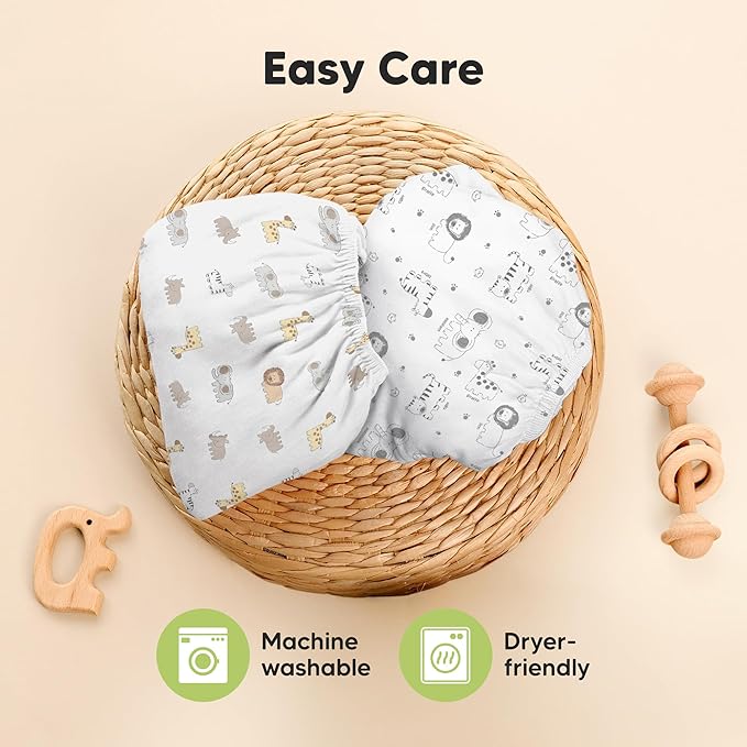 Pack and Play Sheets Fitted - 2-Pack Mini Crib Sheets for Pack N Play Mattress 38x26, Soft & Cozy, Neutral Toddler Playard Bedding, Snug Fitted Mini Baby Crib Mattress Cover Boy, Girl (KeaSafari)