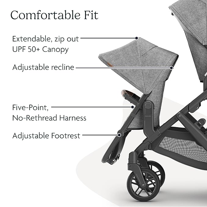 UPPAbaby RumbleSeat V2+ Second Lower Seat/Compatible with Vista V2 and Vista V3 / Adapters, Bumper Bar, Bug Shield Included/Stella (Grey Brushed Mélange/Silver Frame/Chestnut Leather)