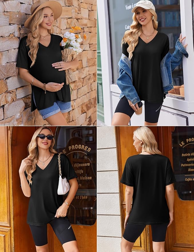 Ekouaer 3 Packs Women's Maternity Shirts V Neck Pregnancy Tops Short Sleeve Casual Workout Tees Side Split Mama Clothes