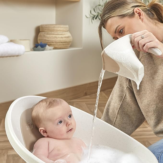 Shnuggle ECO Newborn Baby Bath | Recycled Material with Built-in Support Bump and Soft Backrest | Suitable from Newborn | Includes Water Plug | Cookies and Cream Colour | Beige Taupe Speckled