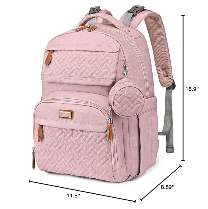 BabbleRoo Diaper Bag Backpack - Travel Large Baby Diaper Bag with Changing pad, Waterproof Baby Bags for Mom & Dad, Unisex Bags with Pacifier Case, Luggage Strap & Stroller Clips– Pink