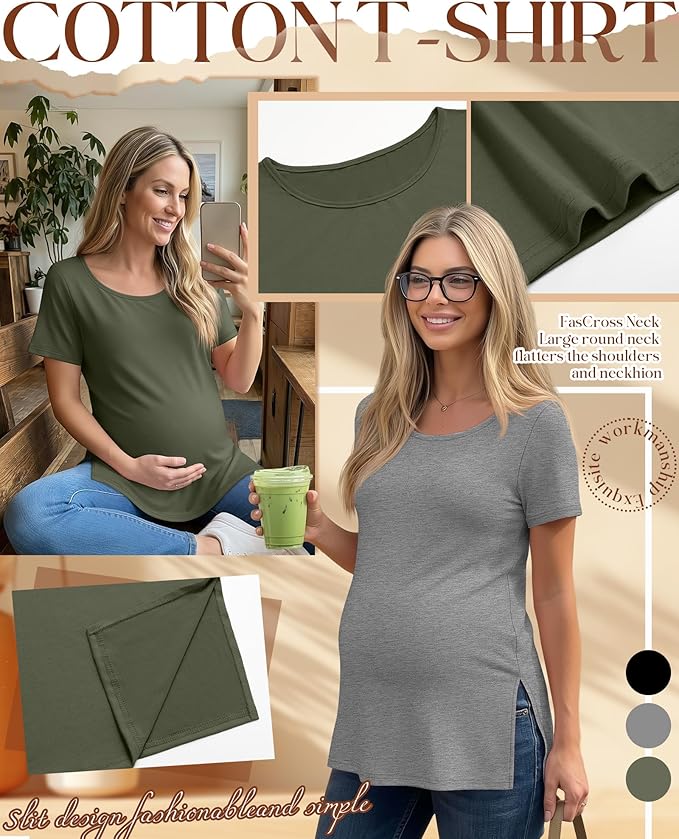 3 Pack Women's Maternity Shirts Short Sleeve Round Neck Side Split Pregnancy Tops Loose Summer Casual Mama Clothes