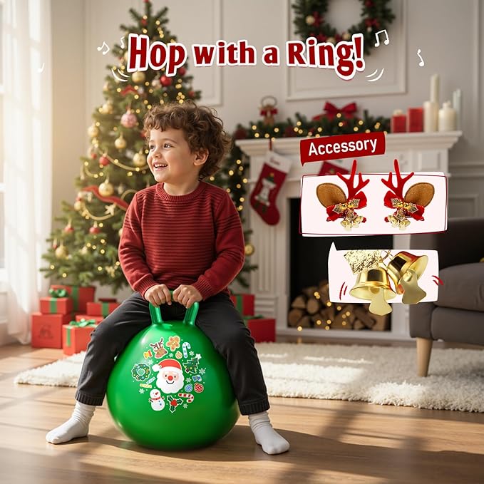 EVERICH TOY Hopper Ball for Kids 18In Sit On Bouncy Balls with Handle for Indoor Outdoor Active Play, Green Christmas Inflatable Boys Girls Gifts for 4 5 6 7 8 Years Old with Christmas Reindeer Ears