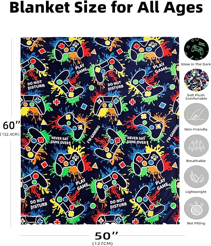 Gaming Gifts for Gamer Glow in The Dark Blanket: Cool Birthday Glowing Presents Toys for Video Game PC Gamers Men Teen Boys Kids Adults Girls Valentines Easter Christmas Ideas Throw Navy Blue 60x50 In