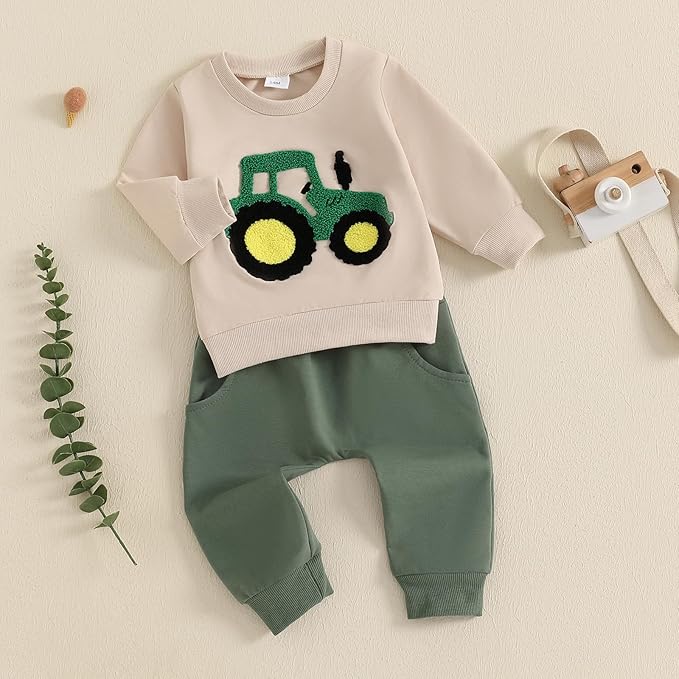 Toddler Baby Boy Fall Winter Outfits Tractor Print Long Sleeve Sweatshirt Pants Set Kids Sweatsuit Clothes