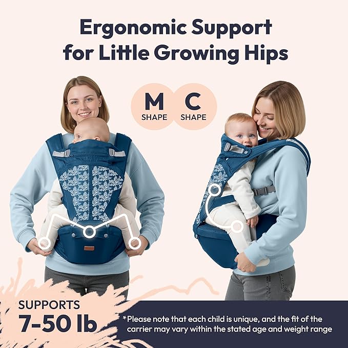 BabbleRoo Grow Carrier – Safety-Certified 6-in-1 Toddler & Baby Carrier with Hip Seat, Ergonomic & Adjustable Toddler Carrier 7-50 lbs with Hip Support, Hood for Sun Protection, Newborn to Toddler