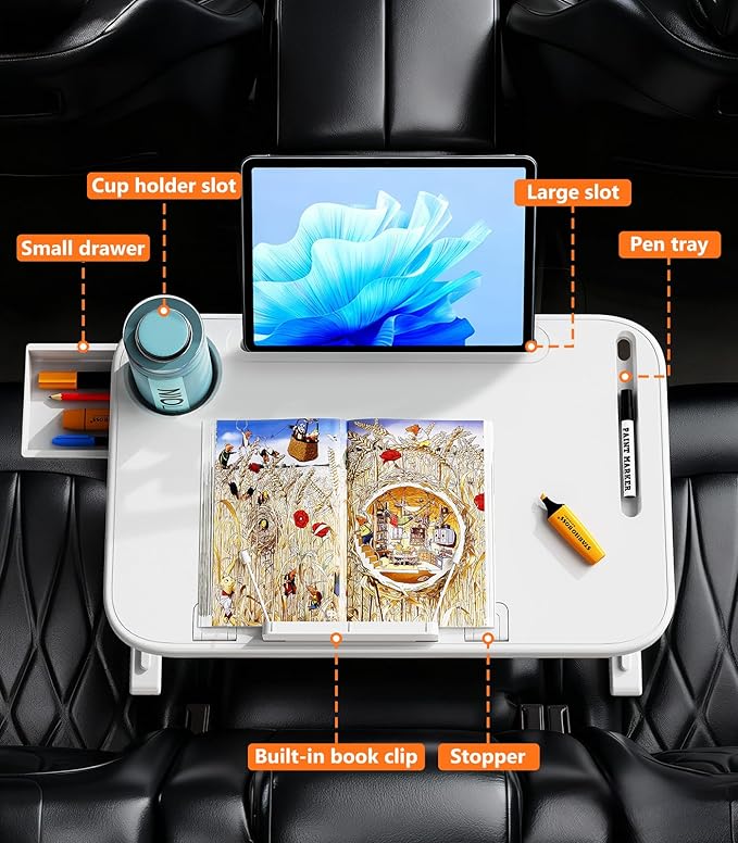 Foldable Car Seat Tray Table, Adjustable Multifunctional Lap Tray for Kids, Portable Car Lap Desk for Laptop Computer Tablet, Rear Seat Tray for Eating/Reading, Travel Essentials Accessories