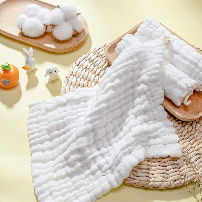 MUKIN Baby Muslin Washcloths, Natural Cotton, Soft Newborn Face Towel, 5 Pack, 12 x 12 inches (White)