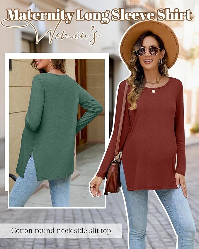 Riyiper 3 Pack Women's Maternity Long Sleeve T-Shirts Round Neck Side Split Tops Loose Casual Pregnancy Mama Clothes Fall