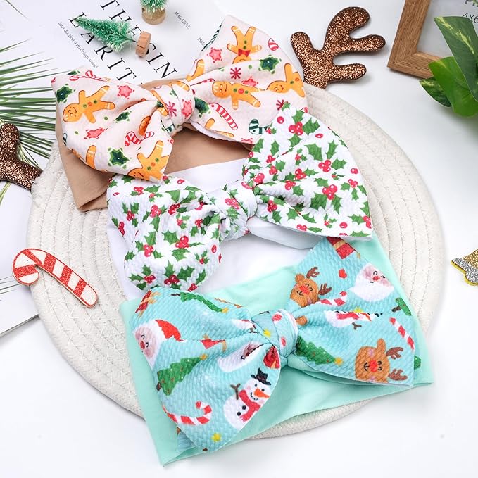 Christmas Baby Headbands 3 Pcs Nylon Headbands with Bows for Baby Girl Hair Accessories for Newborns, Infants, Toddlers Christmas Outfit