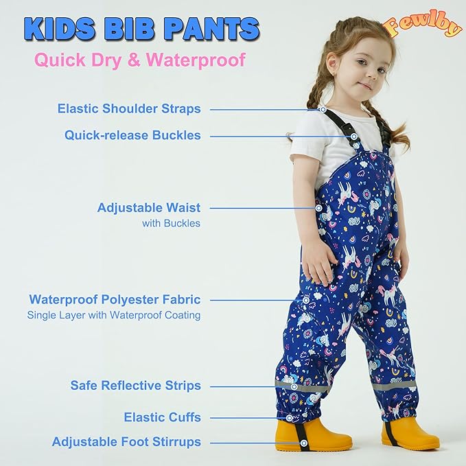 Toddler Waterproof Rain Bib Pants, Girls Rain Pants Kids Cartoon Rain Trousers Lightweight Mud Pants Rainwear