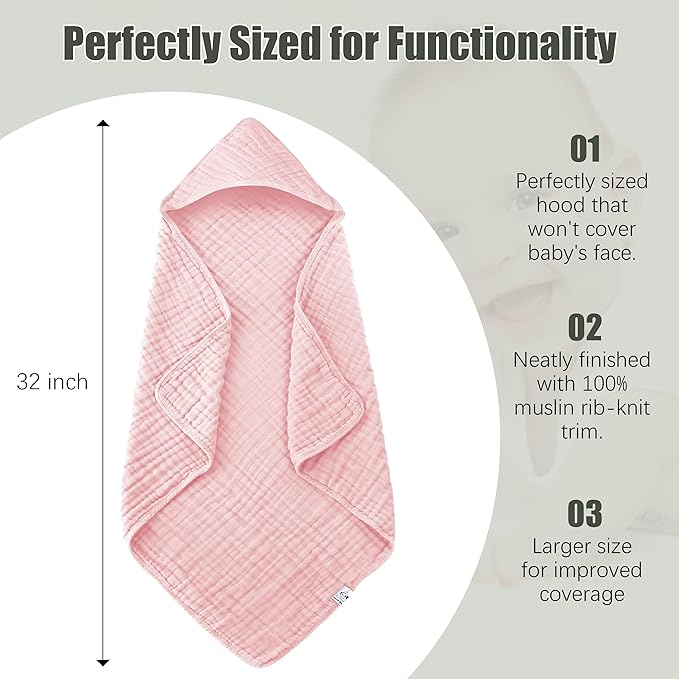2 Pack Hooded Baby Towels - 100% Muslin Cotton for Newborns, Infants, Toddlers - Large 32x32Inch Size - Highly Absorbent and Essential for Newborn Care, White and Pink